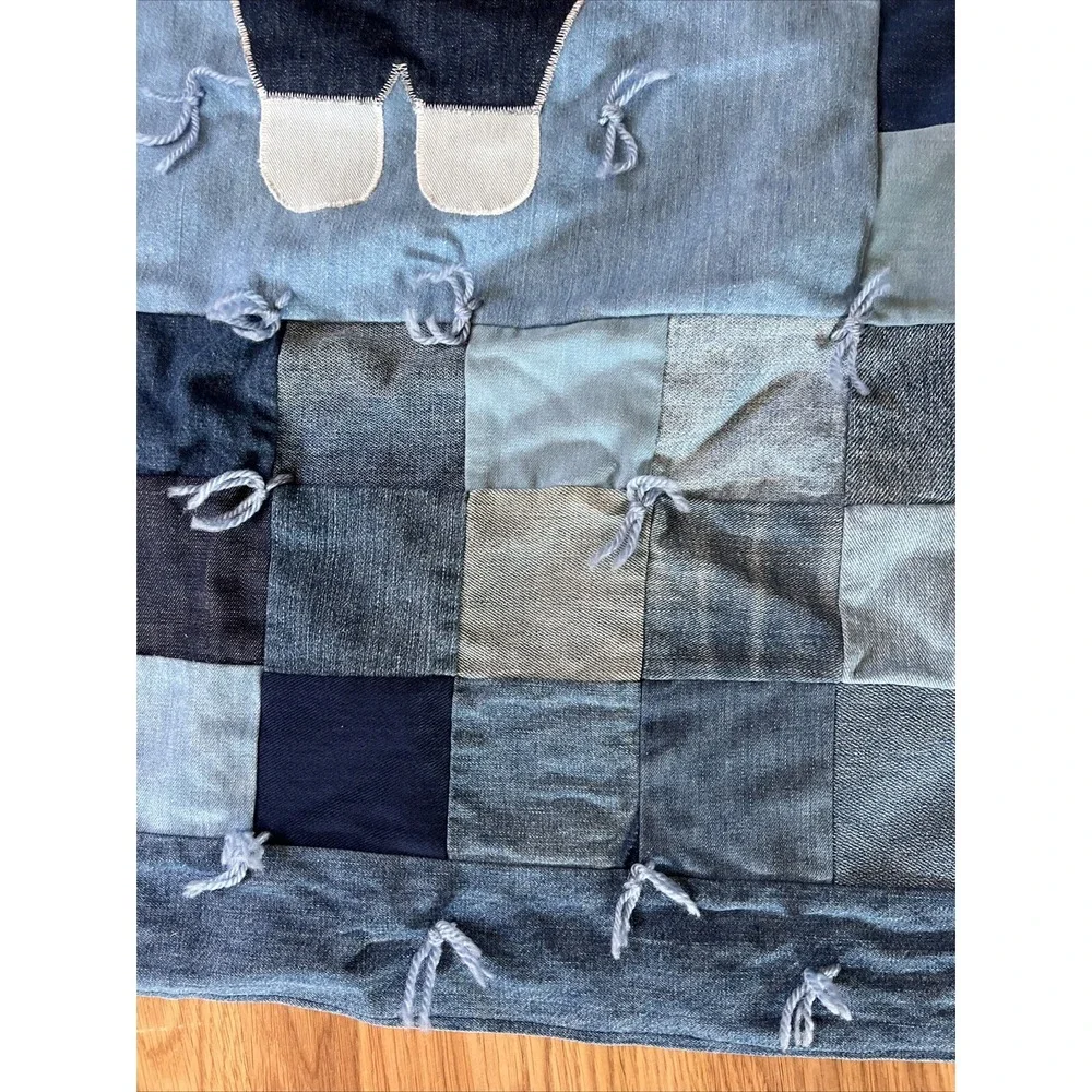 Vintage Denim Patchwork Crib Quilt with Bandana Print Back Americana Decor